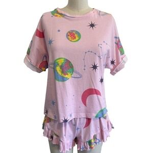 Asos Space Tee & Frill Shorts Pink Pajama Set Size 0